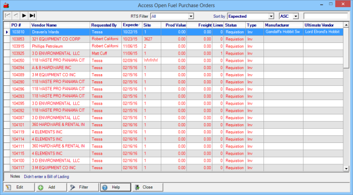 Access Open Fuel Purchase Orders